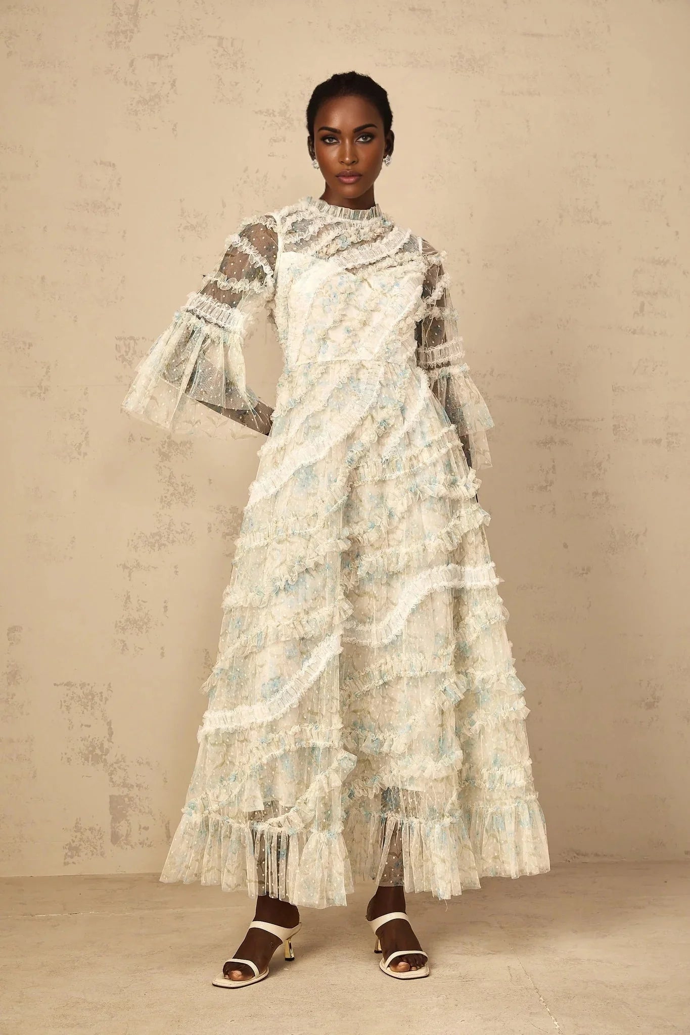Mary Maxi Dress Blue Floral Ruffled Tulle Polka - dot Print