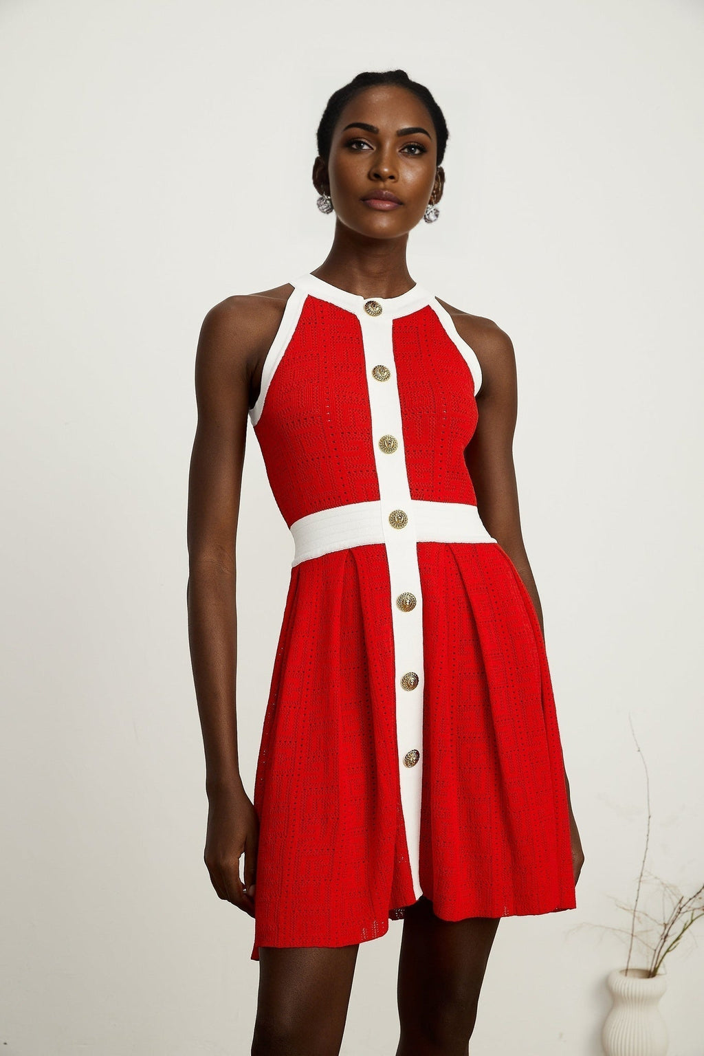 Mary Mini Dress Mary Red Pointelle Trim Button Accent & Pleated