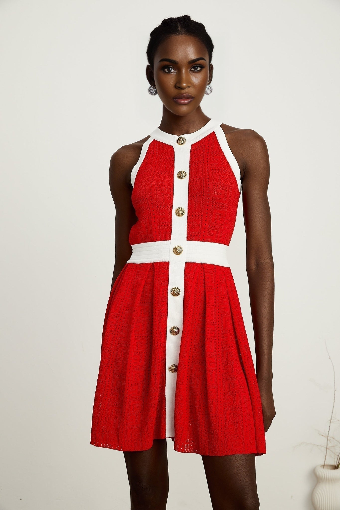 Mary Mini Dress Mary Red Pointelle Trim Button Accent & Pleated