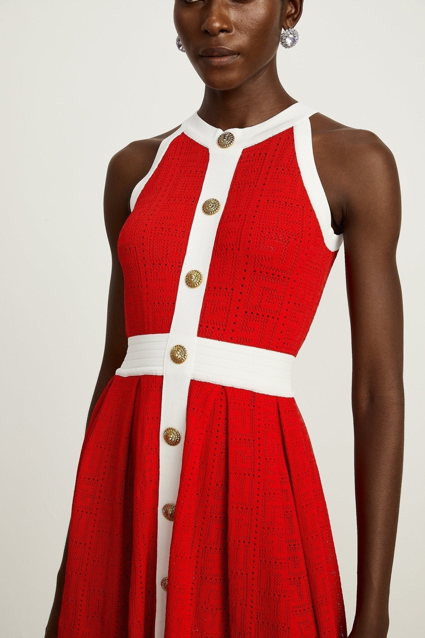 Mary Mini Dress Mary Red Pointelle Trim Button Accent & Pleated