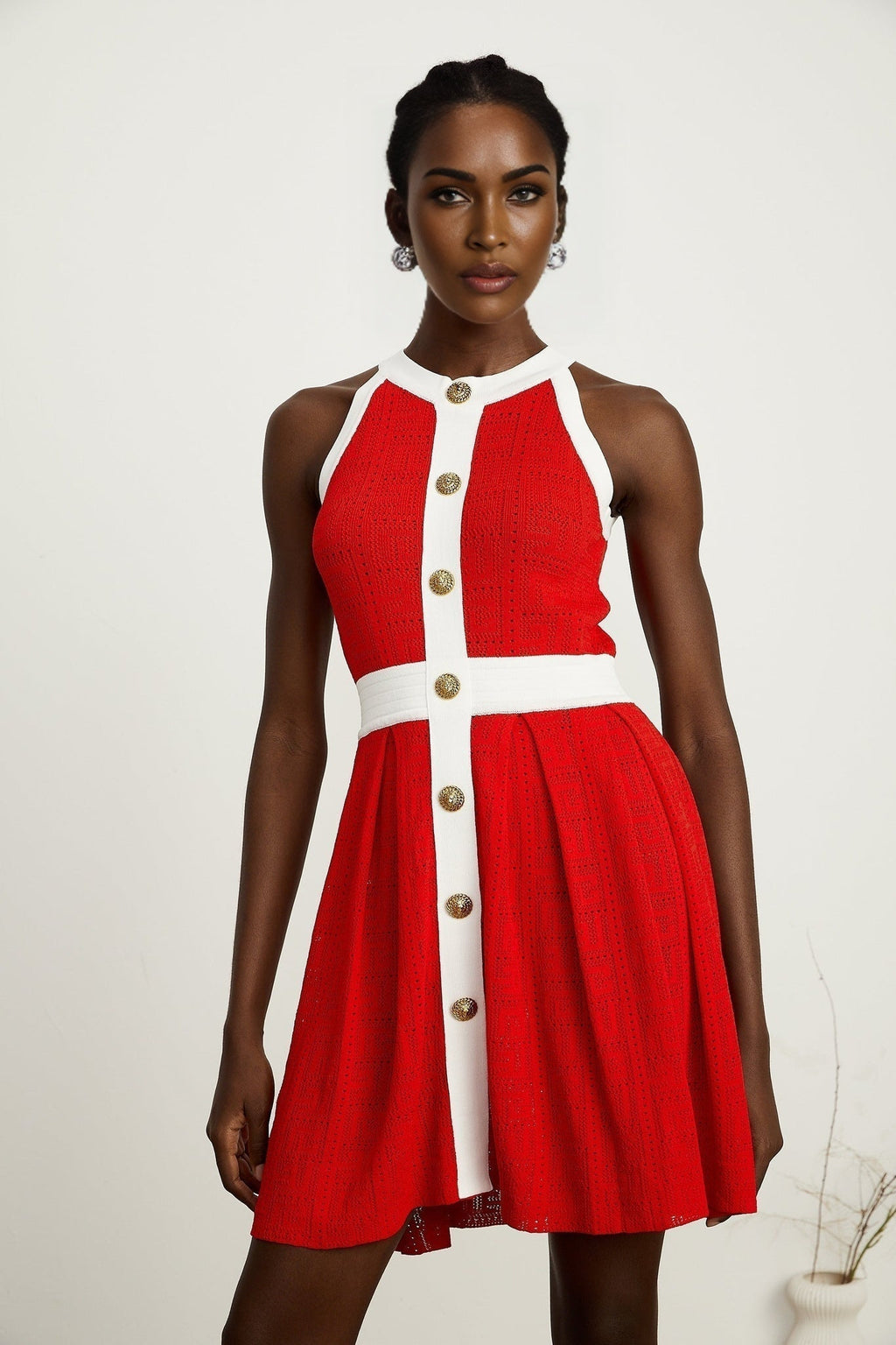 Mary Mini Dress Mary Red Pointelle Trim Button Accent & Pleated