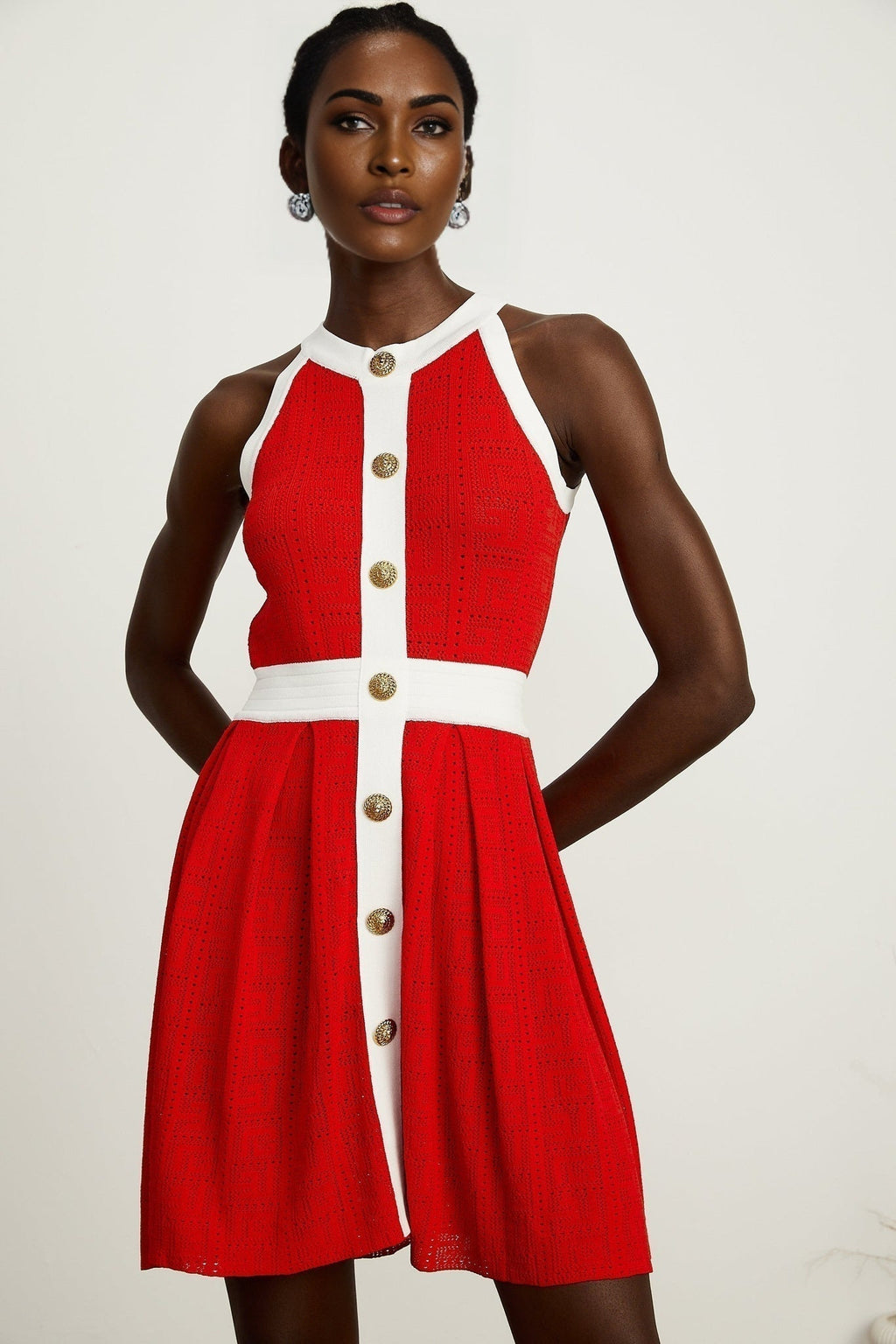 Mary Mini Dress Mary Red Pointelle Trim Button Accent & Pleated