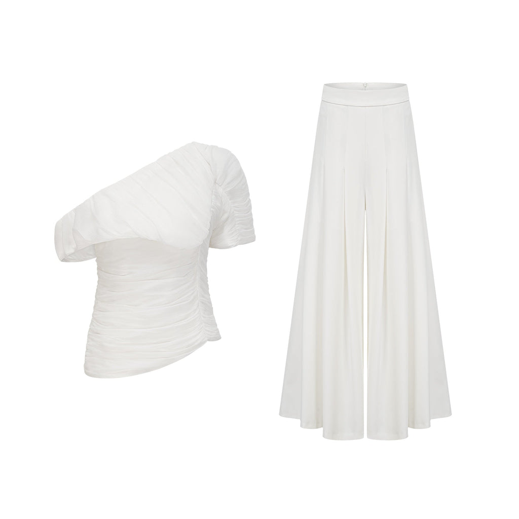 Mary Top & Trousers White Asymmetric One Shoulder Matching