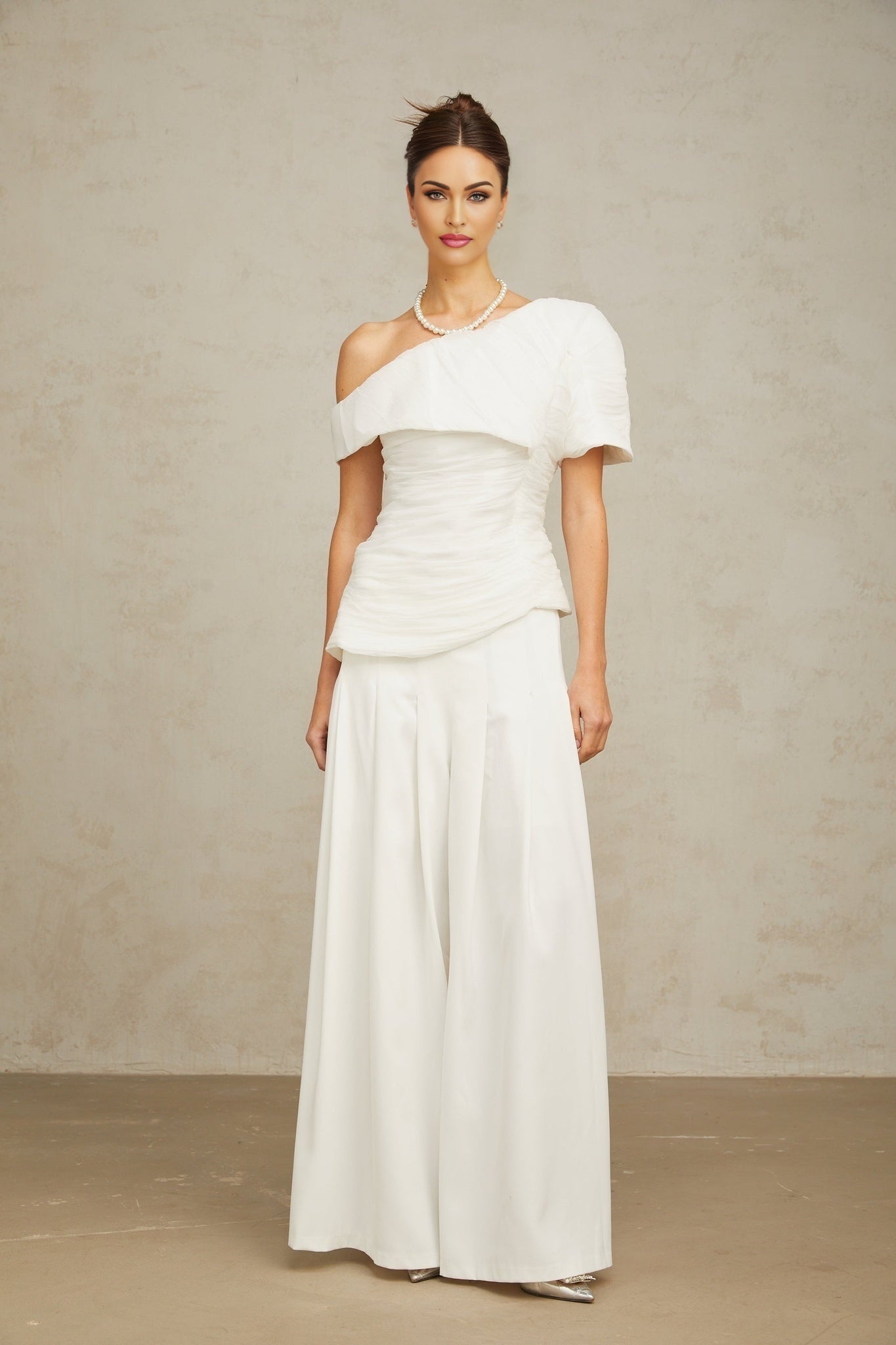 Mary Top & Trousers White Asymmetric One Shoulder Matching
