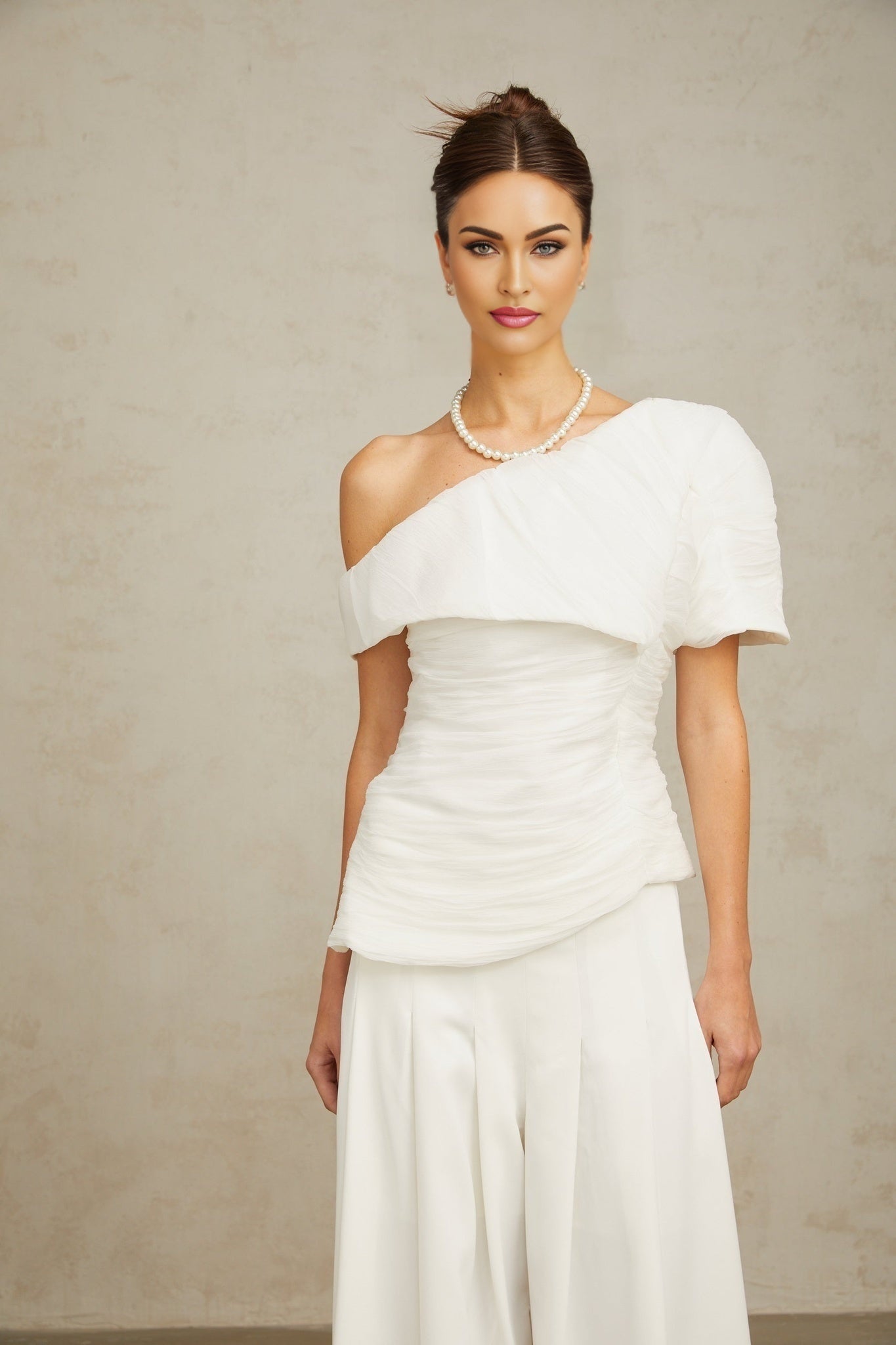 Mary Top & Trousers White Asymmetric One Shoulder Matching