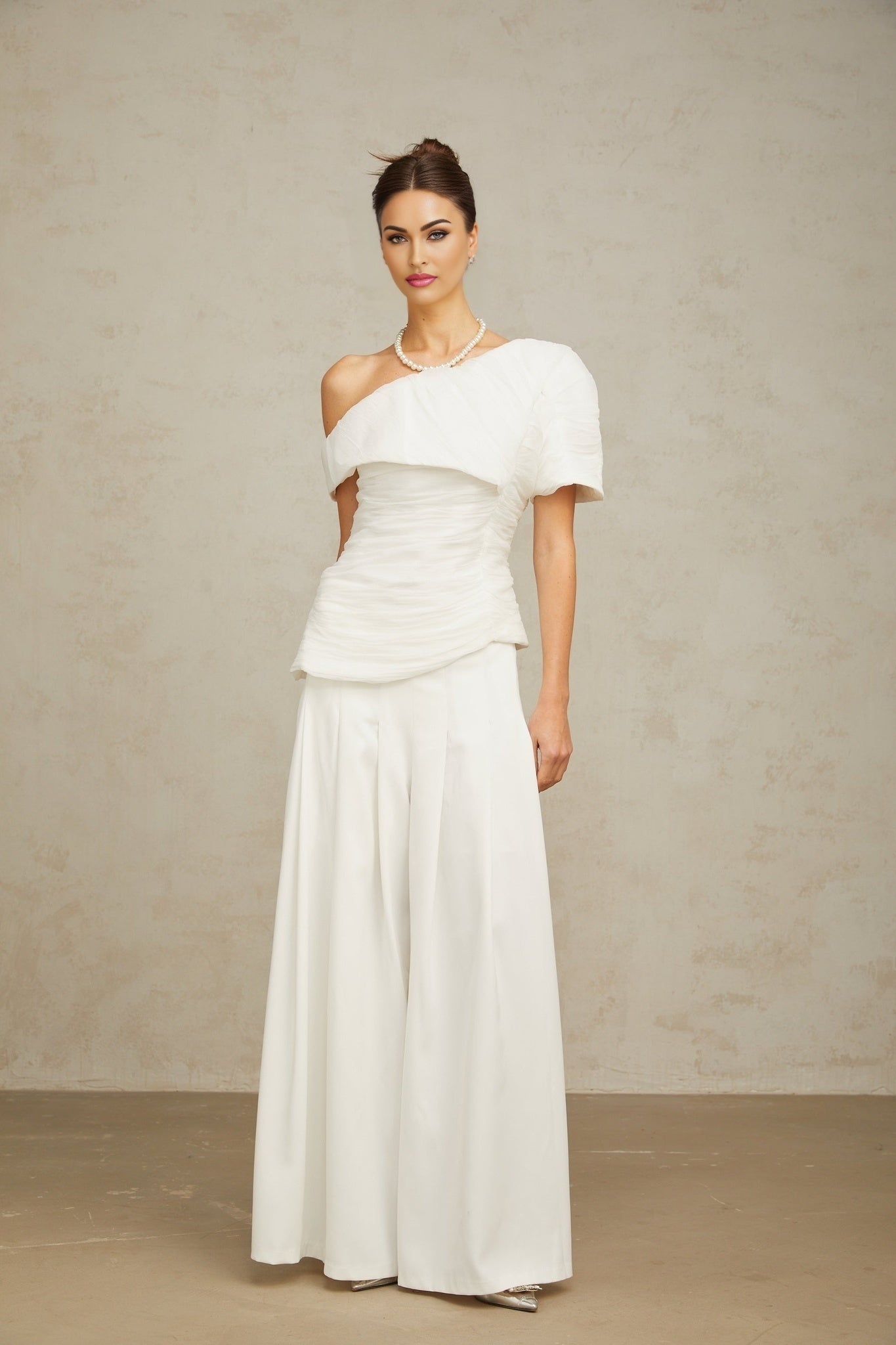 Mary Top & Trousers White Asymmetric One Shoulder Matching
