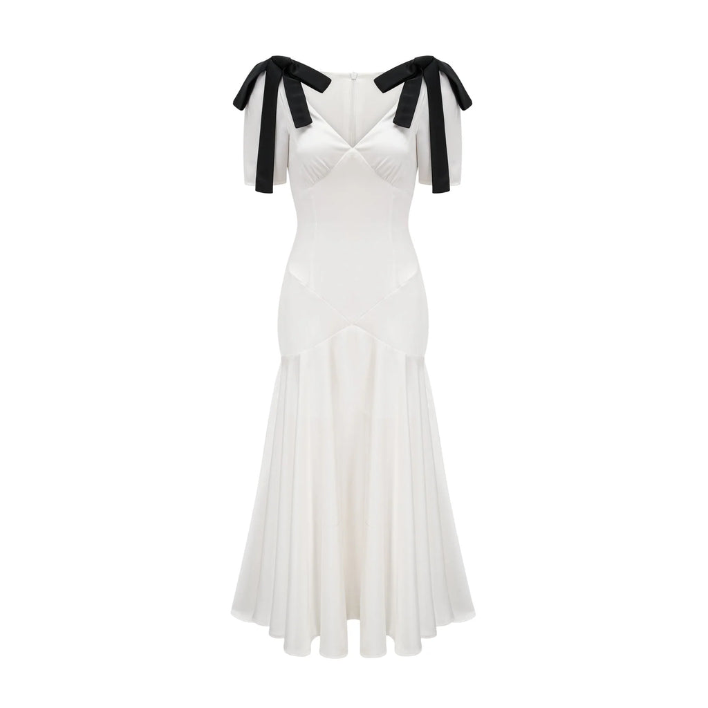 Mary White & Black Contrast Maxi Dress with V - Neck and Puff Sleeves