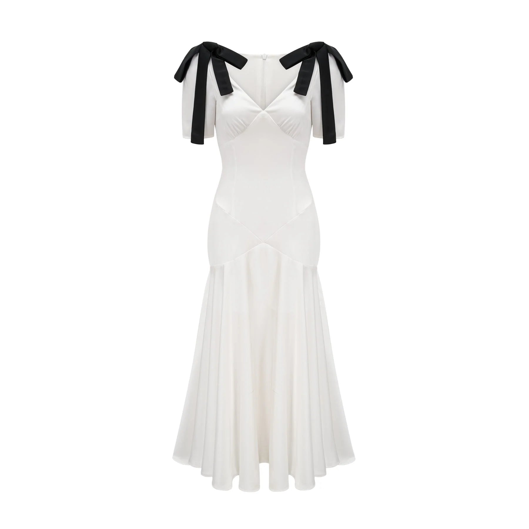 Mary White & Black Contrast Maxi Dress with V - Neck and Puff Sleeves