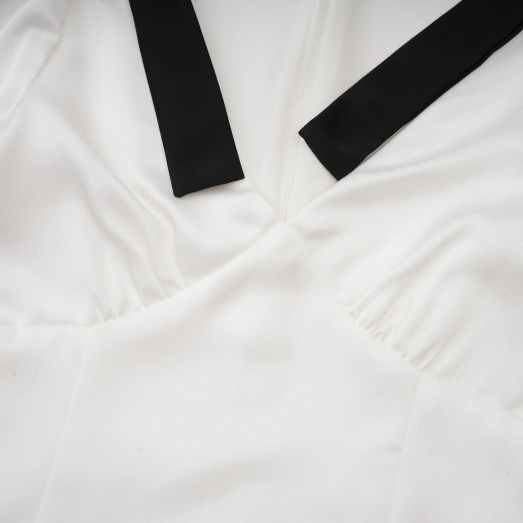 Mary White & Black Contrast Maxi Dress with V - Neck and Puff Sleeves