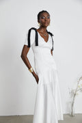 Mary White & Black Contrast Maxi Dress with V - Neck and Puff Sleeves