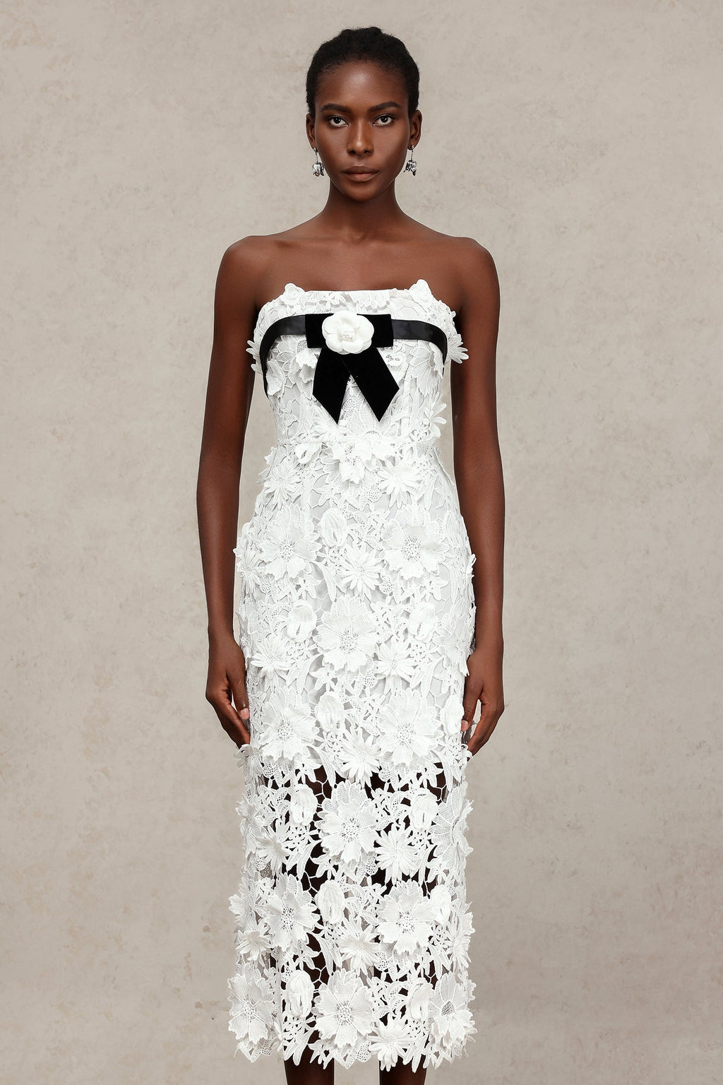 Mary White Lace Floral Maxi Dress with Black Velvet Ribbon