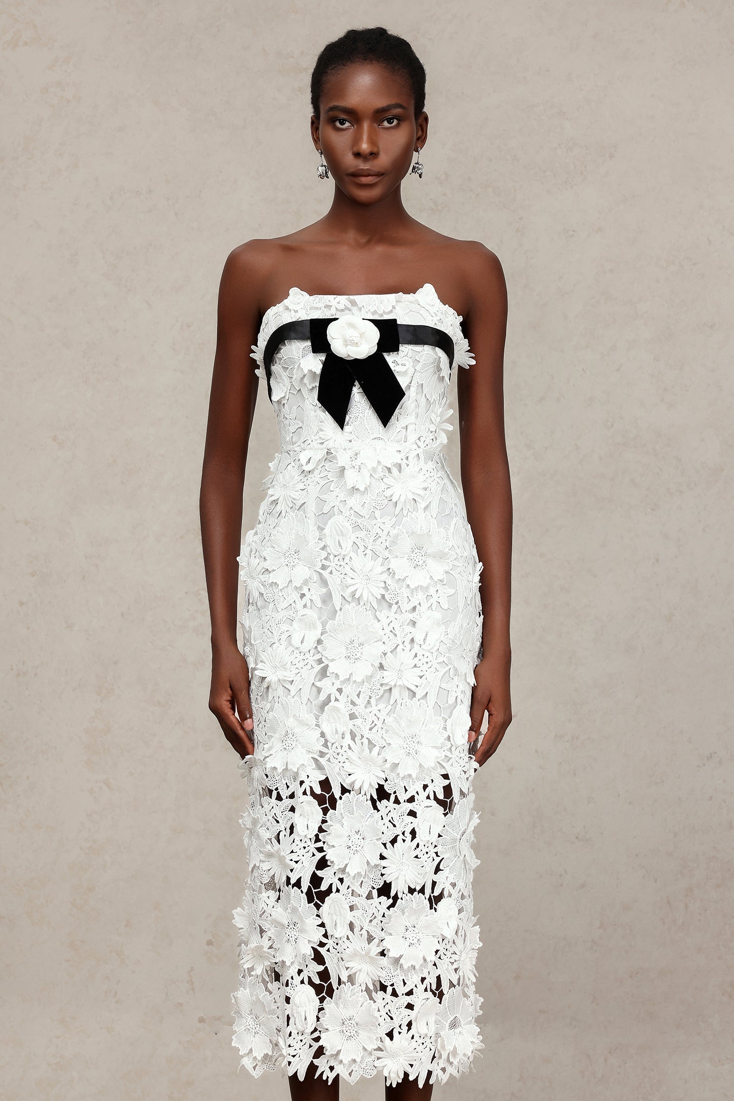 Mary White Lace Floral Maxi Dress with Black Velvet Ribbon