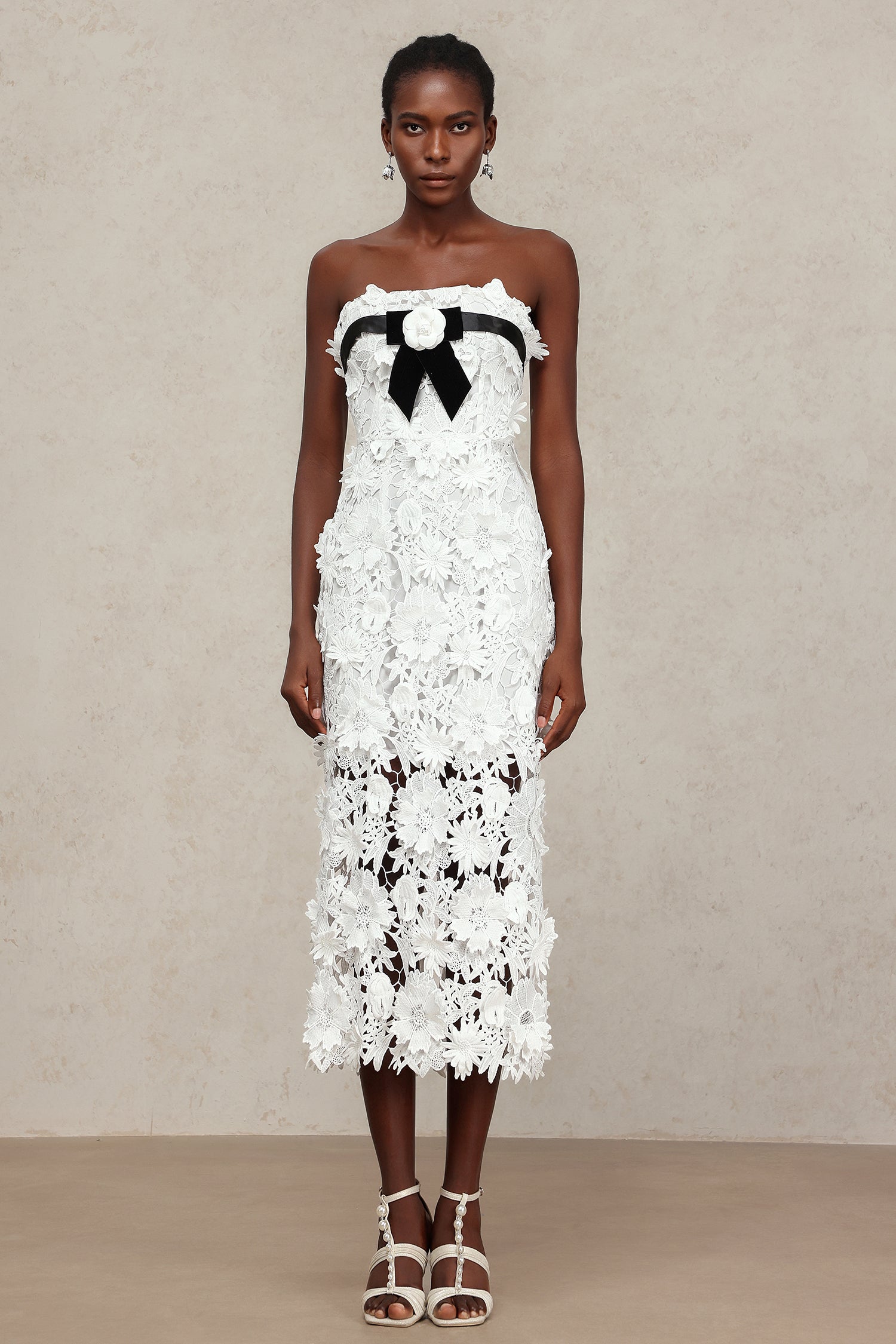 Mary White Lace Floral Maxi Dress with Black Velvet Ribbon and Floral Appliqués
