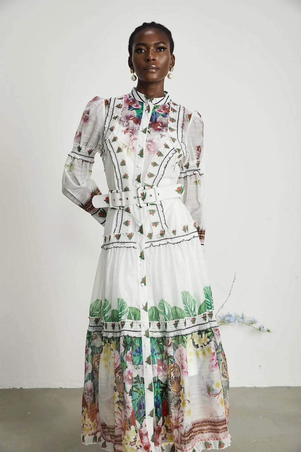 Massimiliana Floral Midi Dress with Puff Sleeves & Belted Waist in White