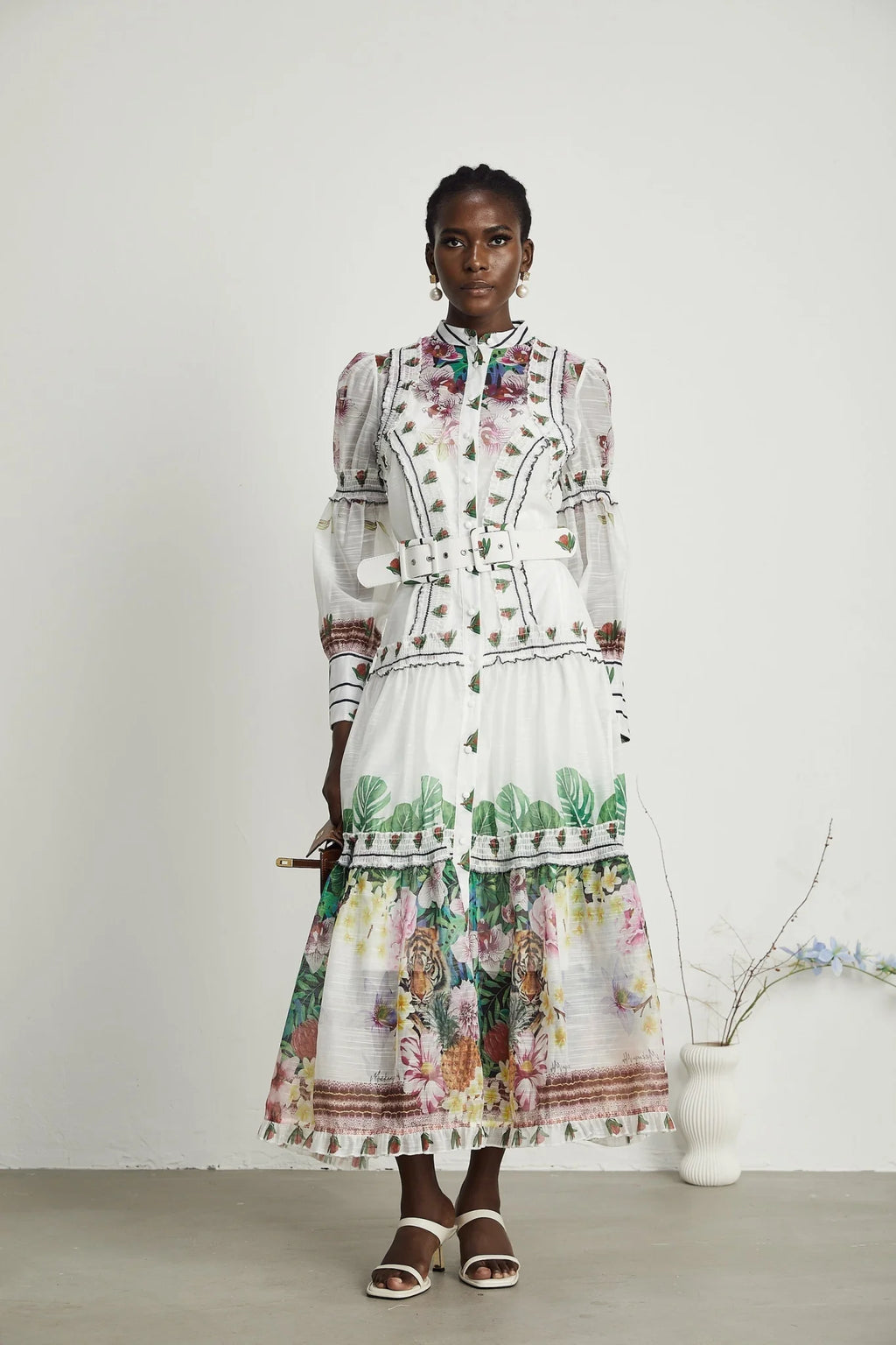 Massimiliana Floral Midi Dress with Puff Sleeves & Belted Waist in White