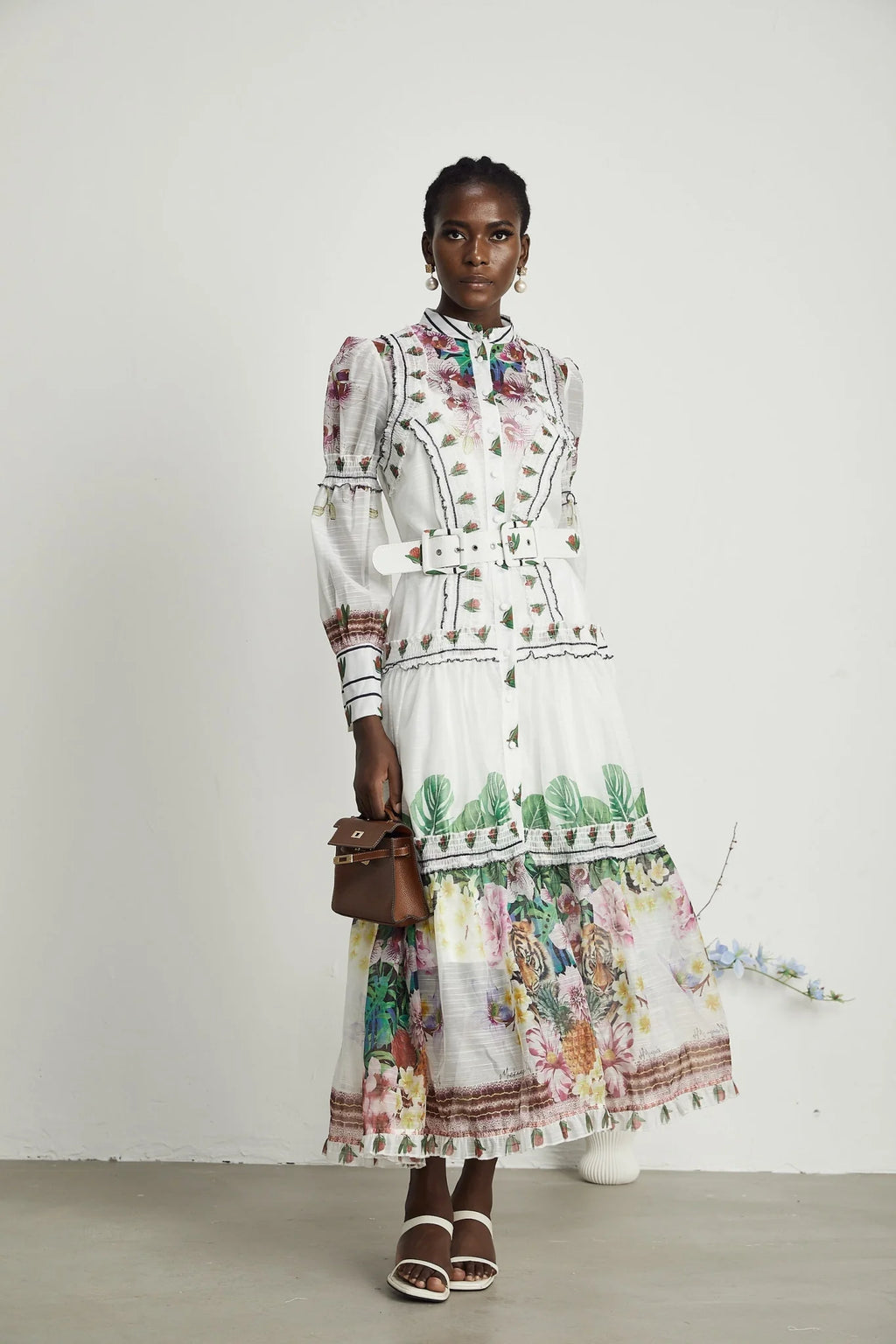 Massimiliana Floral Midi Dress with Puff Sleeves & Belted Waist in White