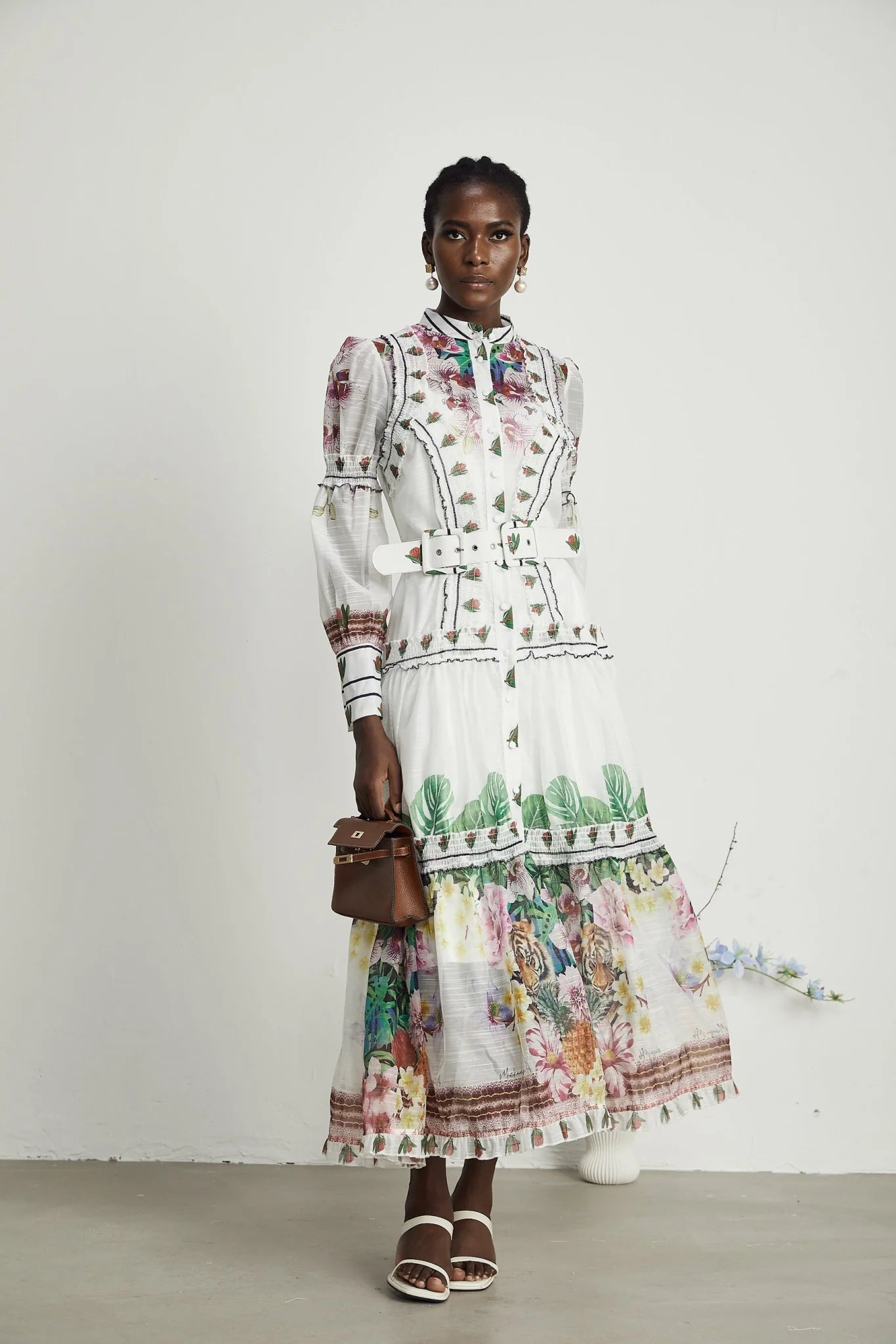 Massimiliana Floral Midi Dress with Puff Sleeves & Belted Waist in White