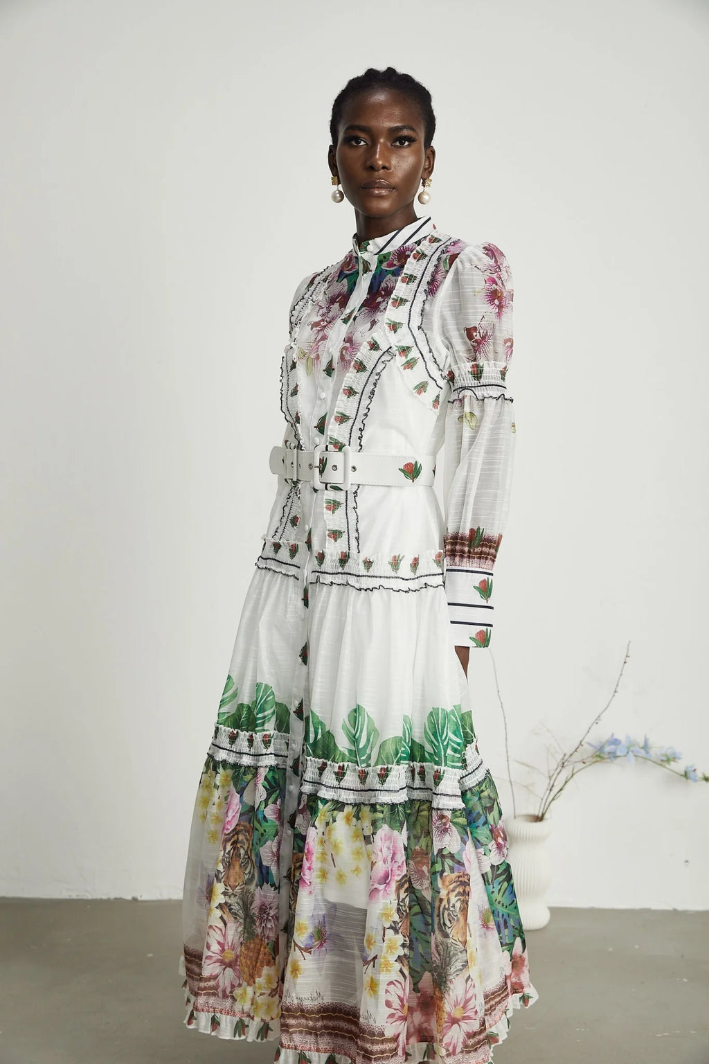 Massimiliana Floral Midi Dress with Puff Sleeves & Belted Waist in White