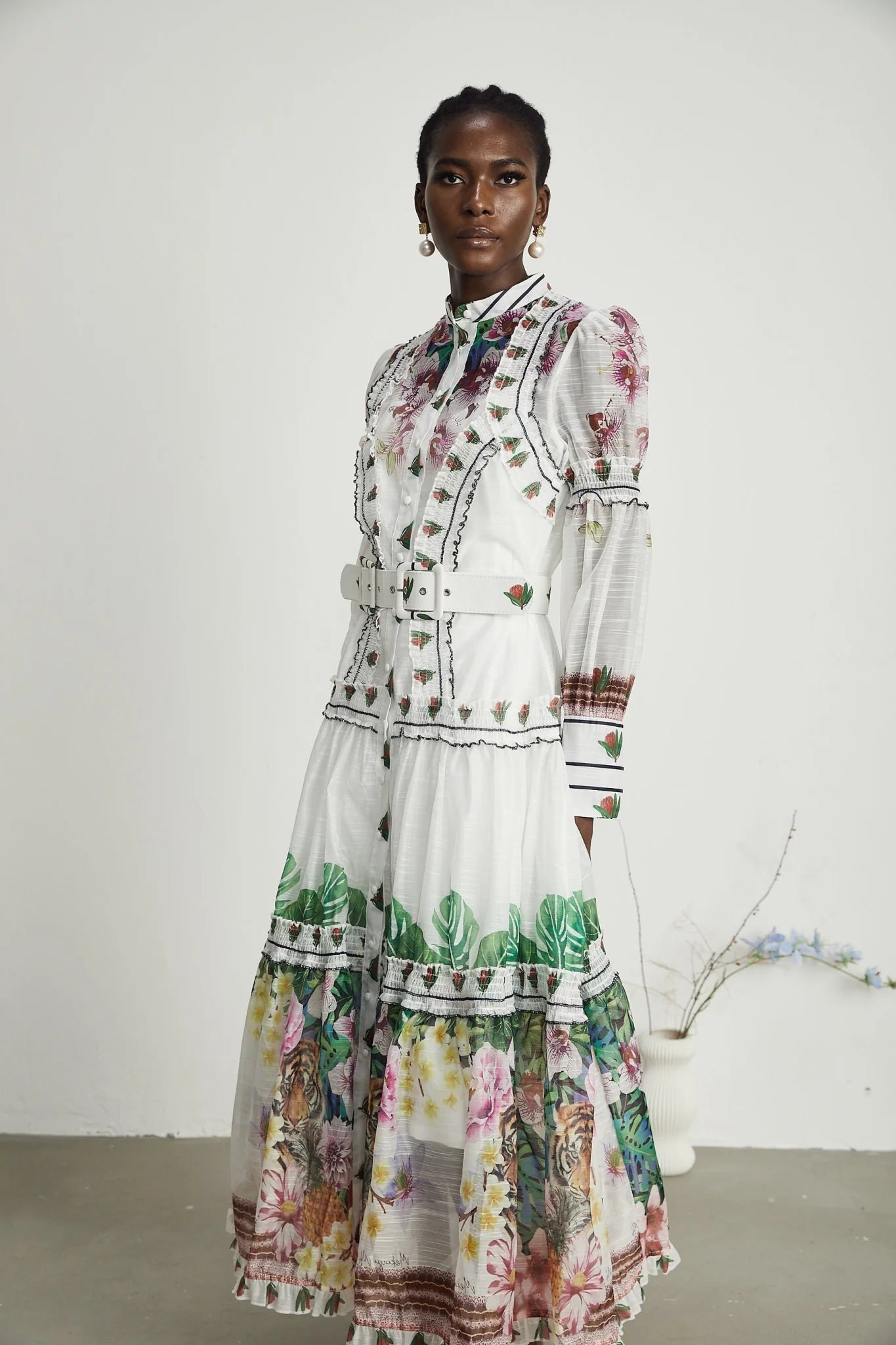 Massimiliana Floral Midi Dress with Puff Sleeves & Belted Waist in White