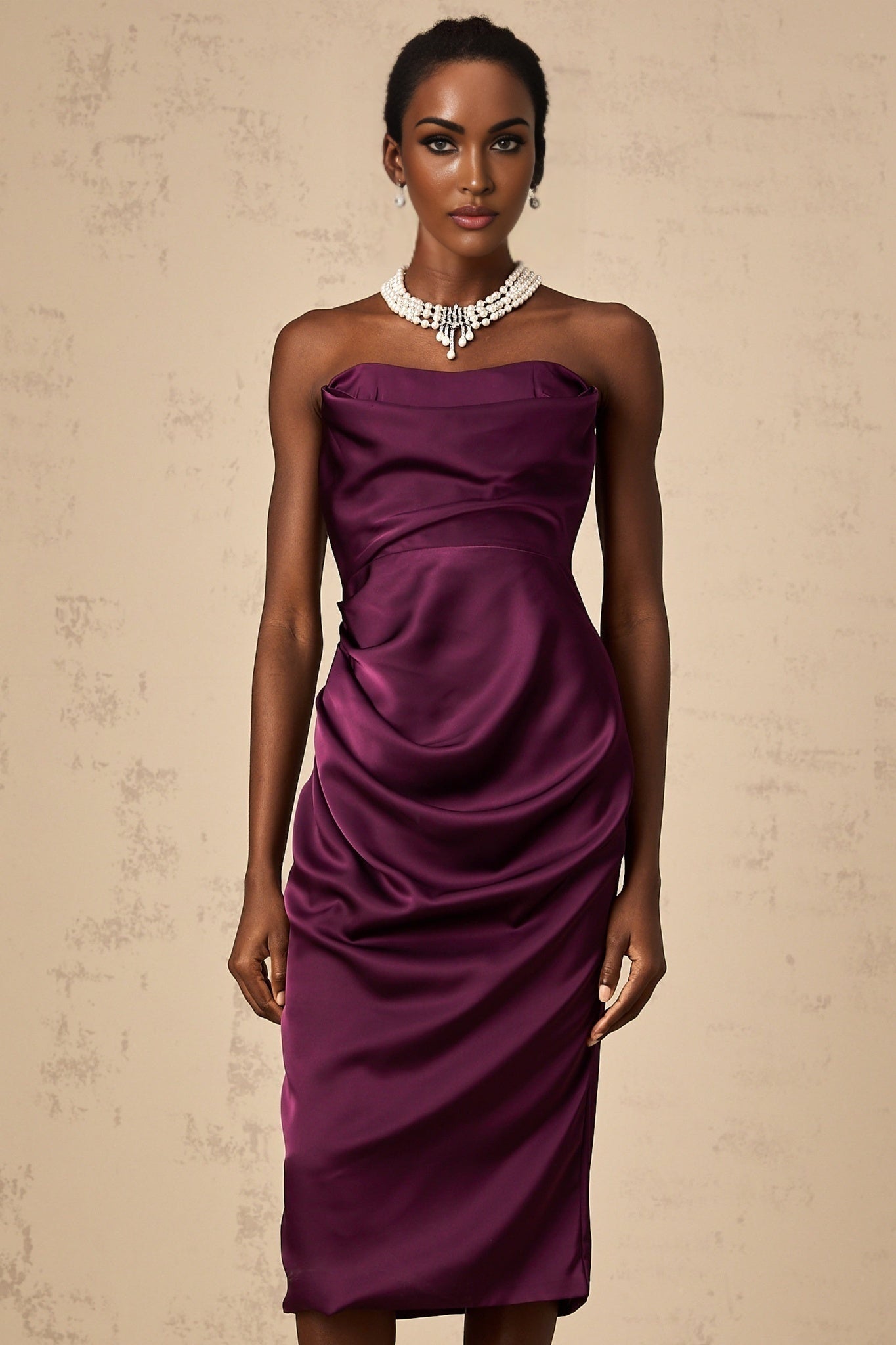 Massimiliana Midi Dress Purple Satin Ruched Off - Shoulder Cut - Out Slit Zip Knee - Length