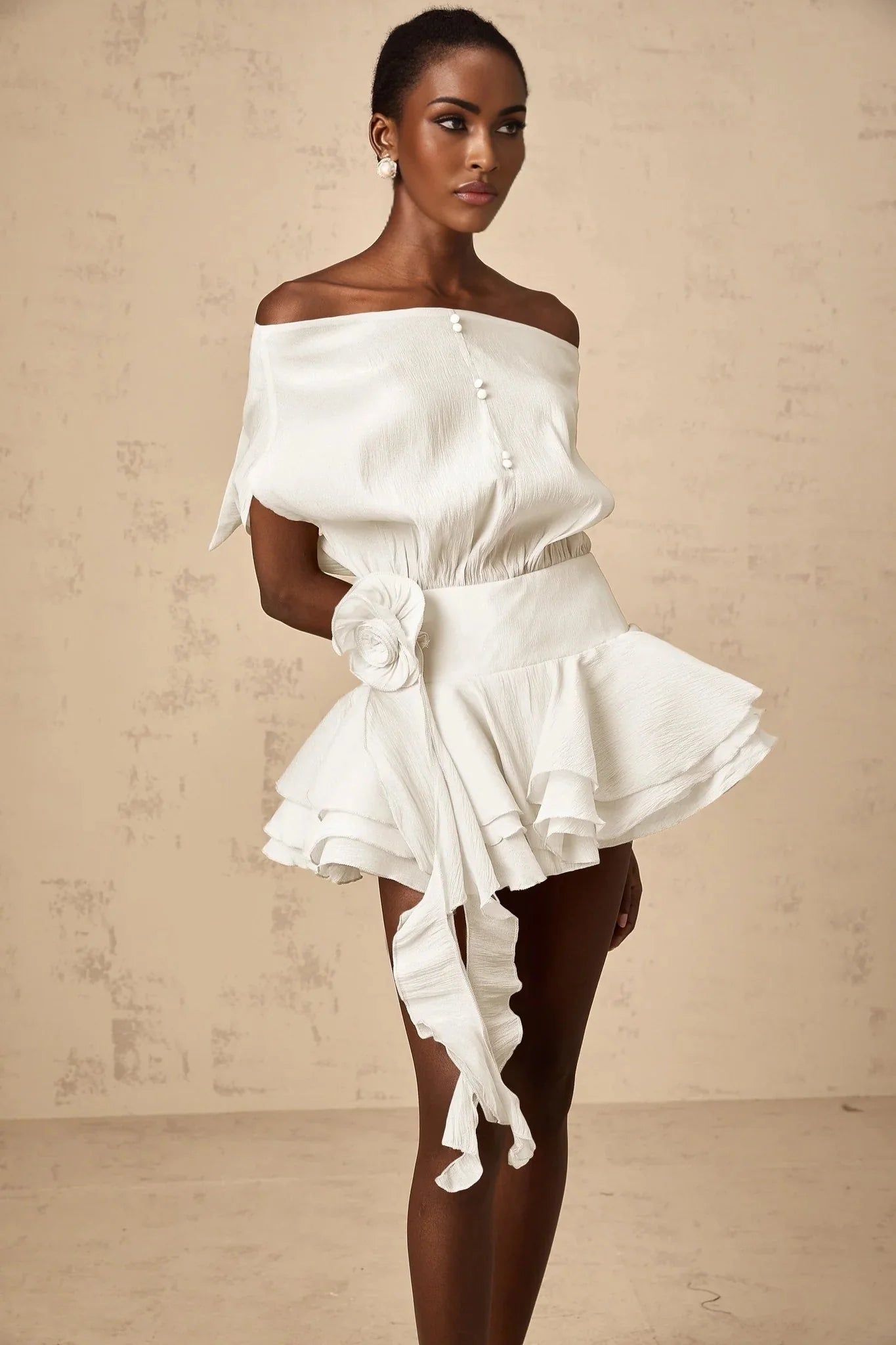 Massimiliana Mini Dress White Floral Appliqu & Flounce Hems