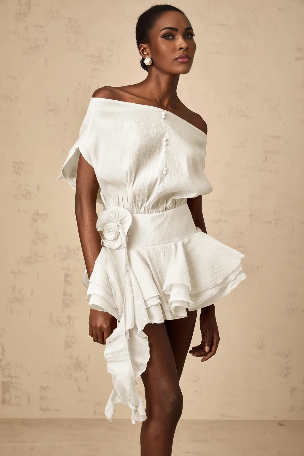 Massimiliana Mini Dress White Floral Appliqu & Flounce Hems
