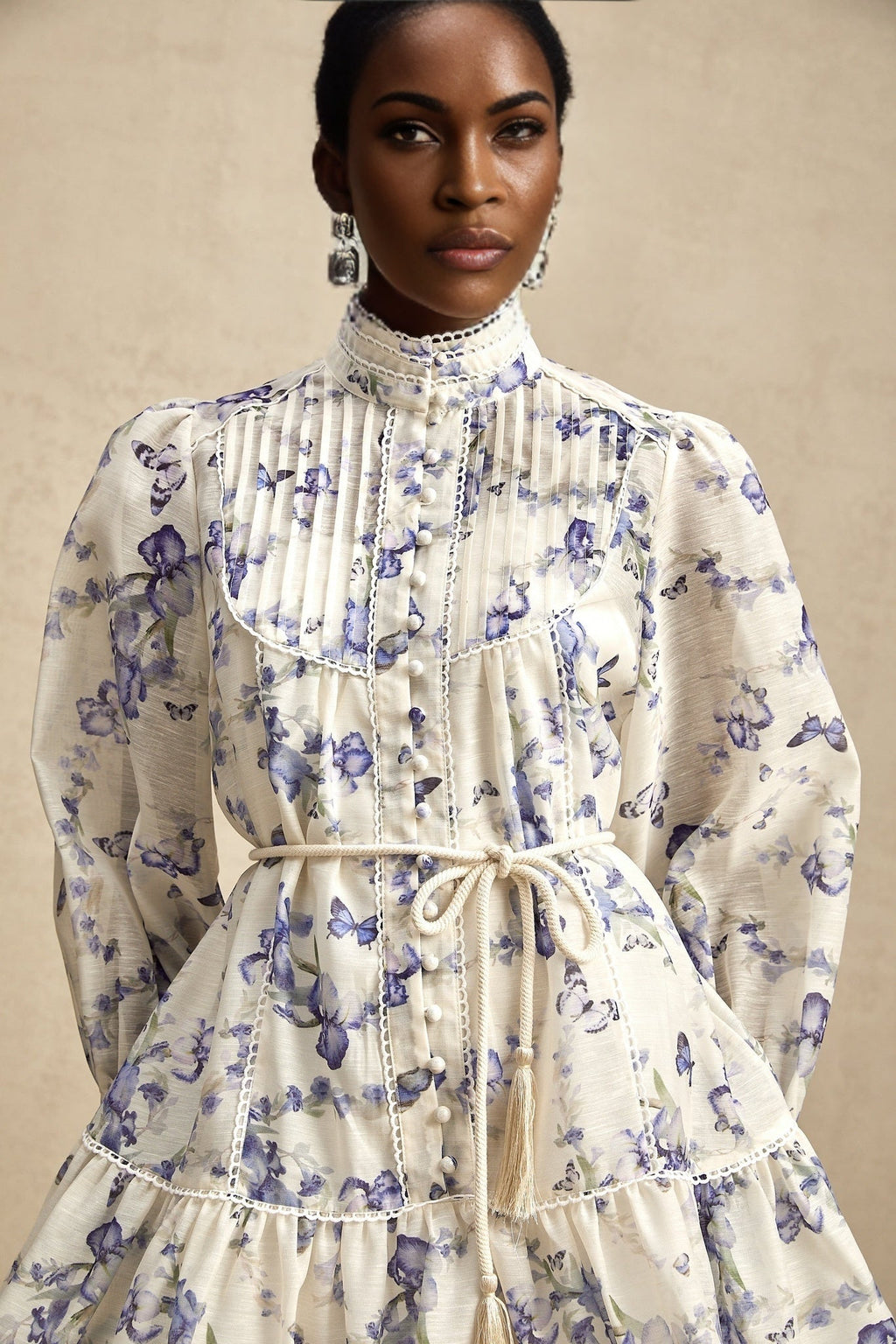 Matilde Mini Dress Blue White Floral Ruffled Scallop Belted