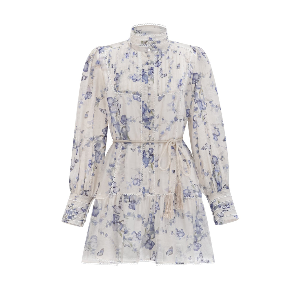 Matilde Mini Dress Blue White Floral Ruffled Scallop Belted