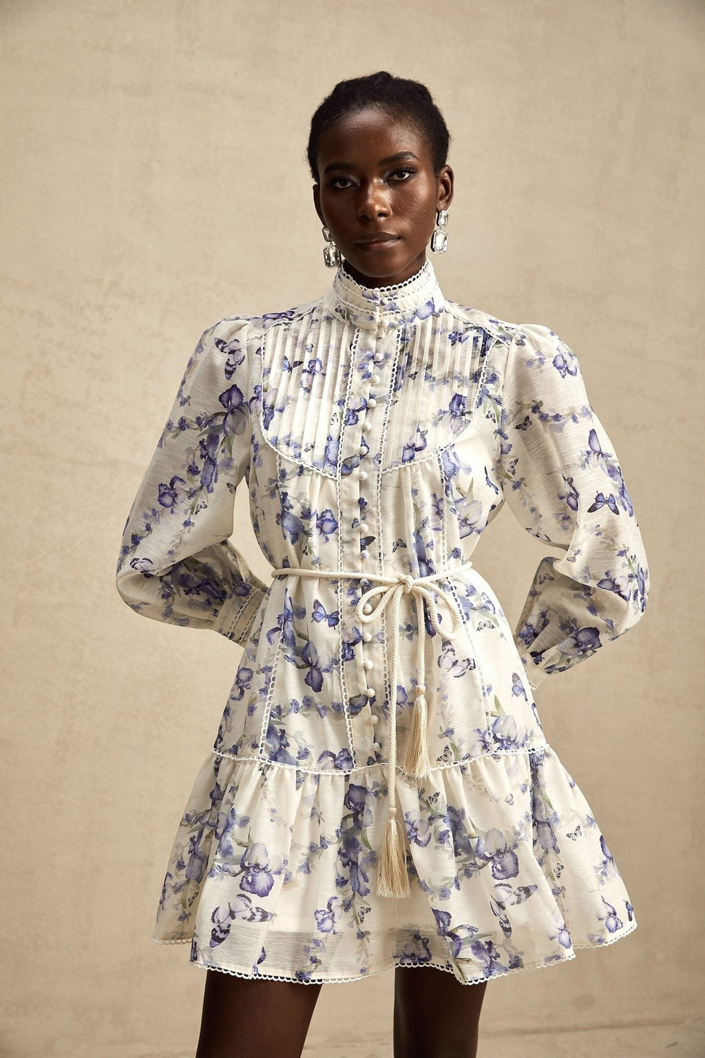 Matilde Mini Dress Blue White Floral Ruffled Scallop Belted