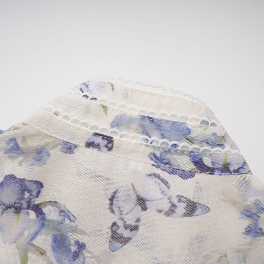 Matilde Mini Dress Blue White Floral Ruffled Scallop Belted