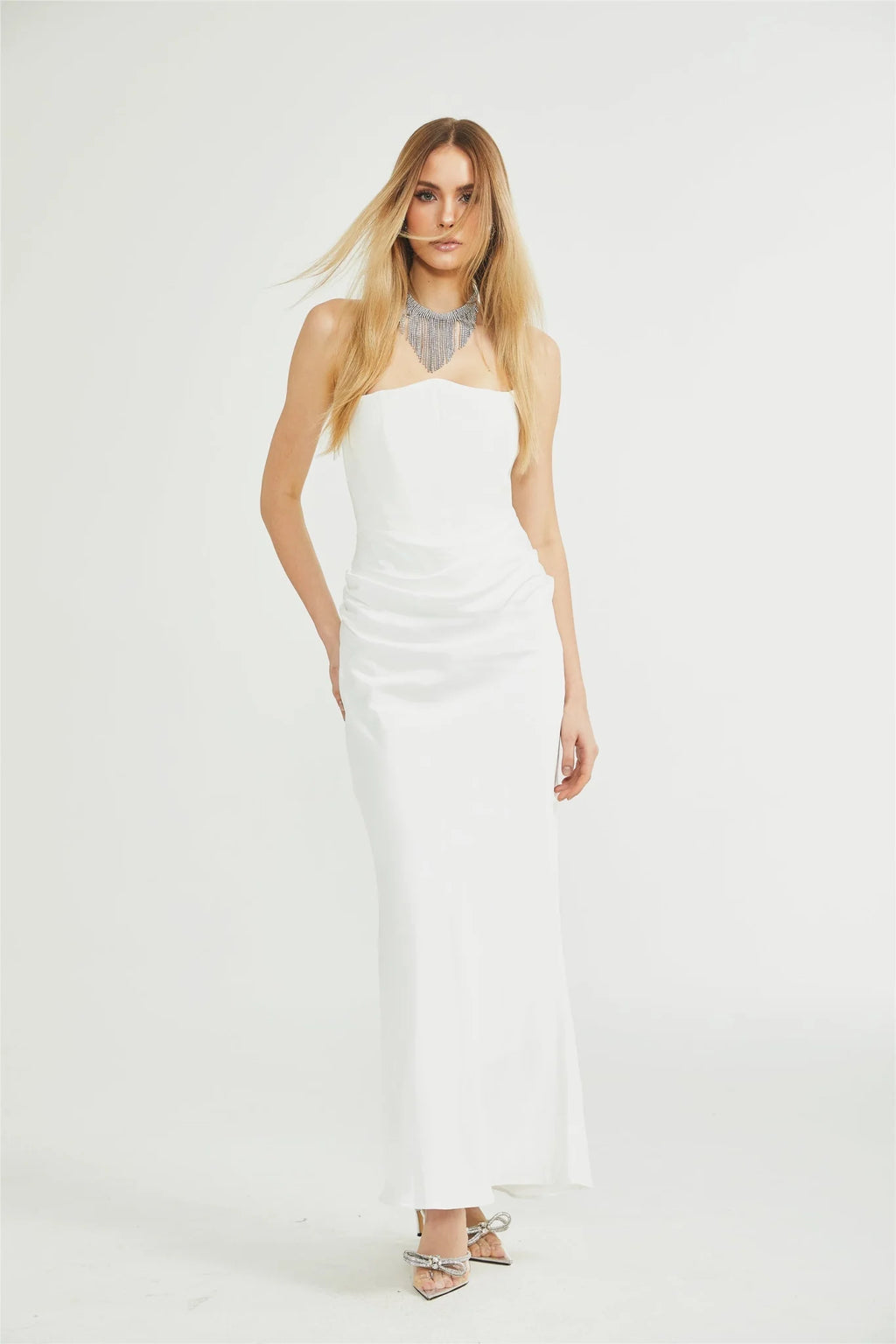 Mattea Maxi Dress in Crisp White & Off - Shoulder