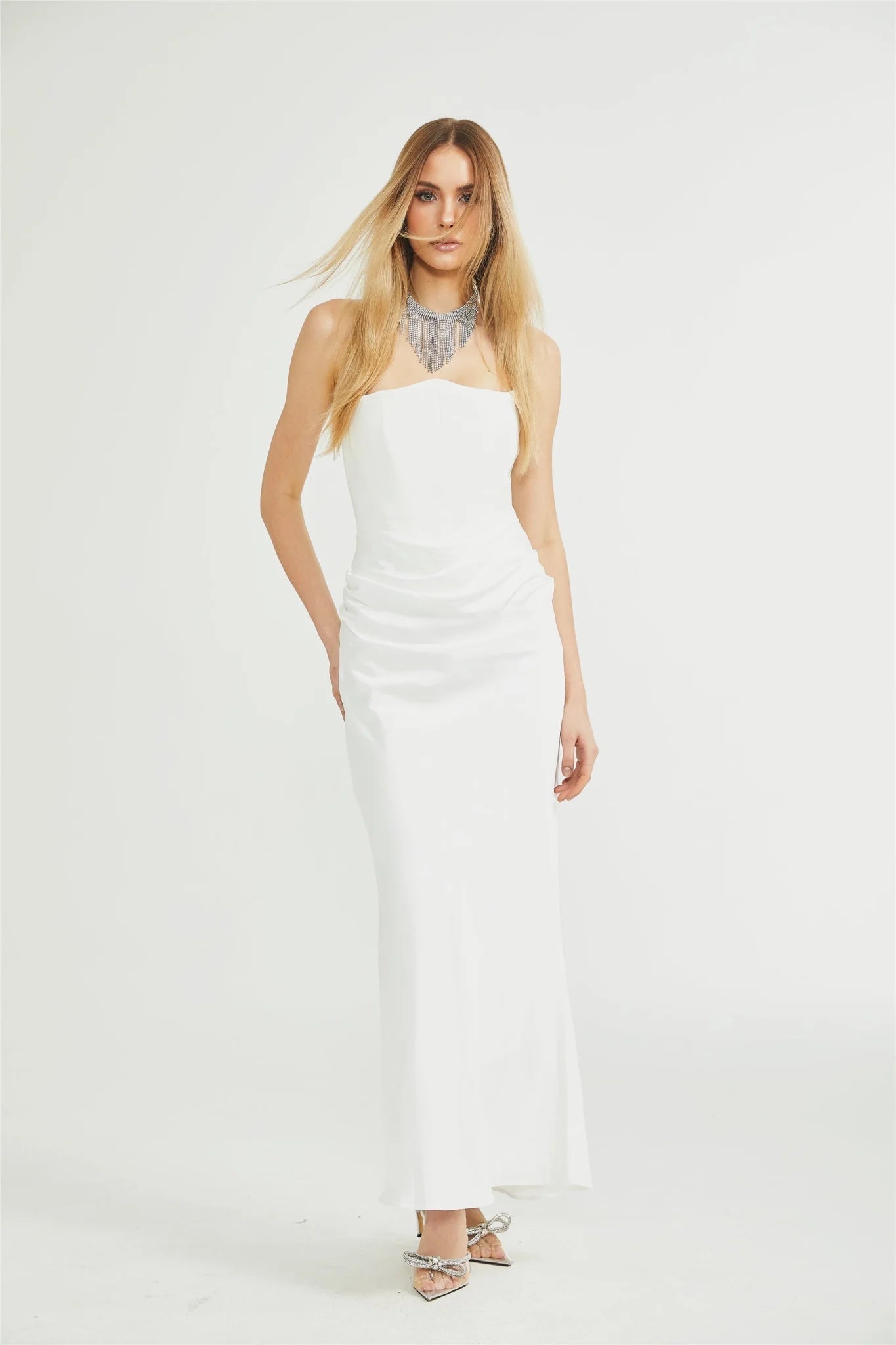 Mattea Maxi Dress in Crisp White & Off - Shoulder