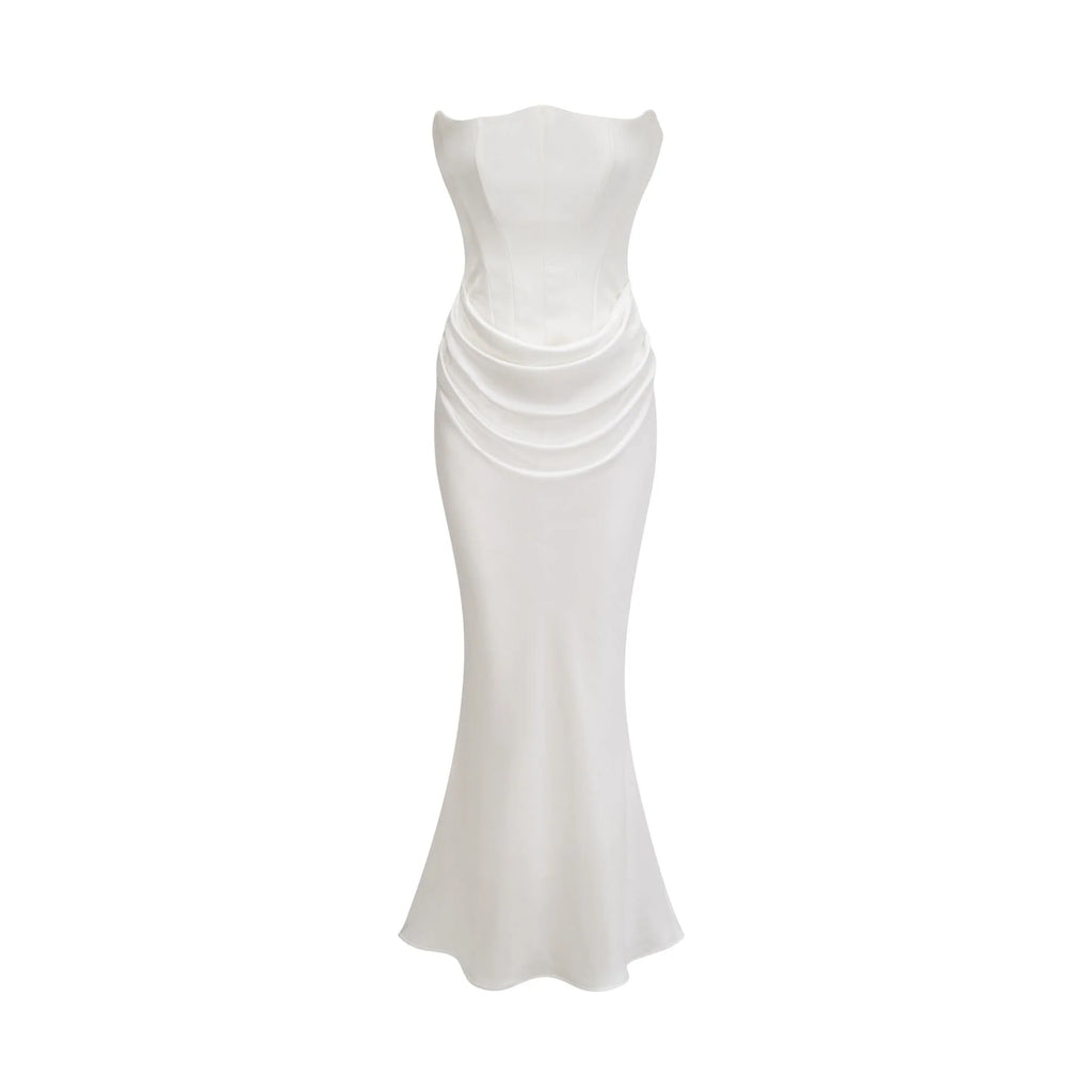 Mattea Maxi Dress in Crisp White & Off - Shoulder
