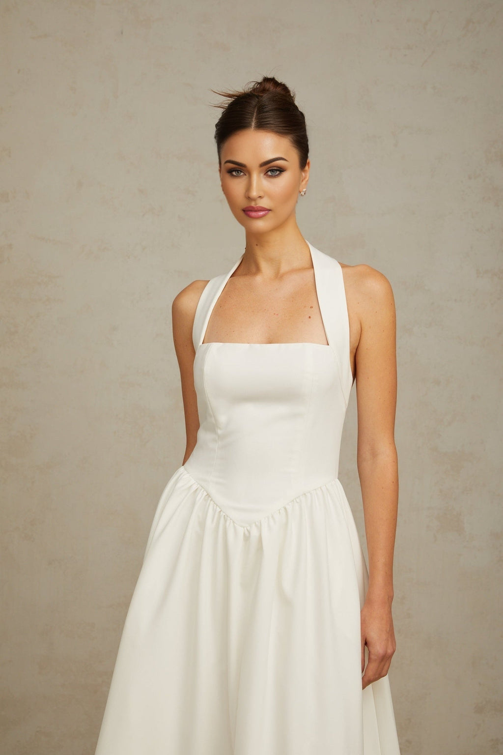 Mattea Midi Dress Halterneck Open Back Pleated Flare White