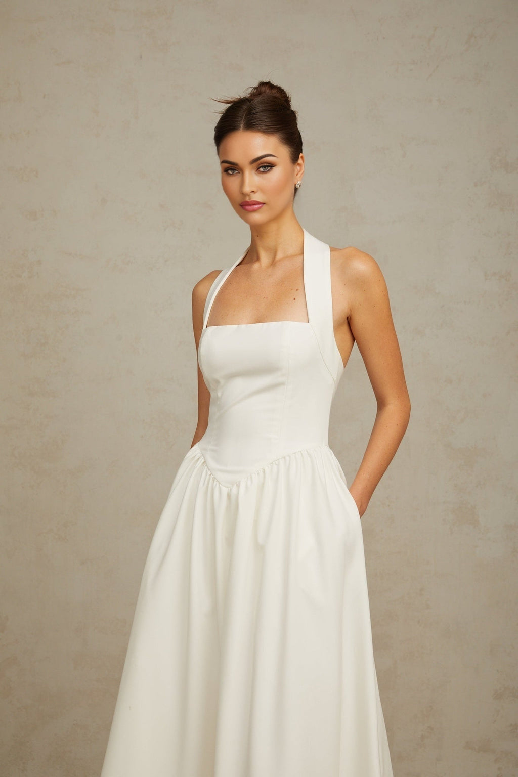 Mattea Midi Dress Halterneck Open Back Pleated Flare White