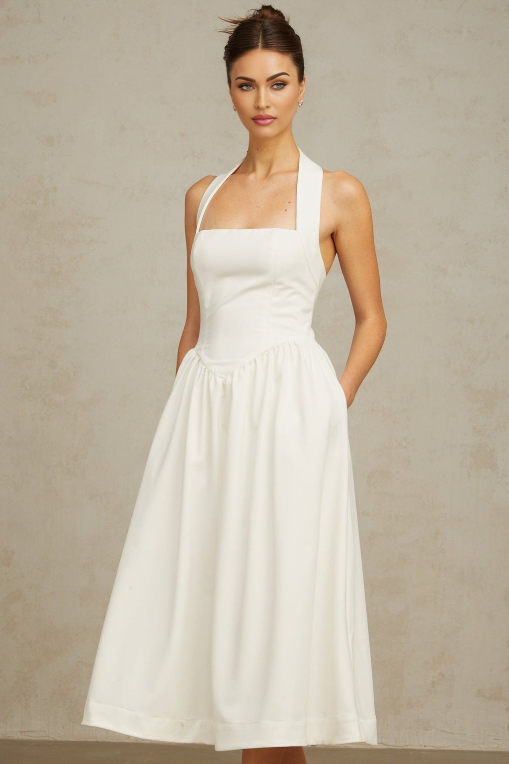 Mattea Midi Dress Halterneck Open Back Pleated Flare White