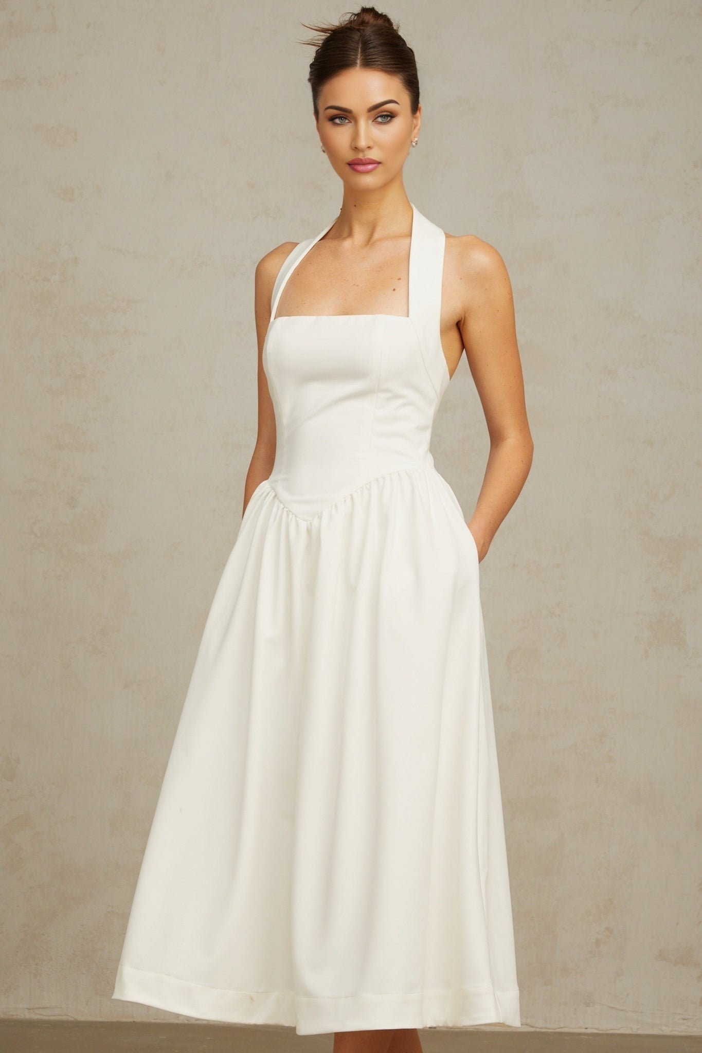 Mattea Midi Dress Halterneck Open Back Pleated Flare White