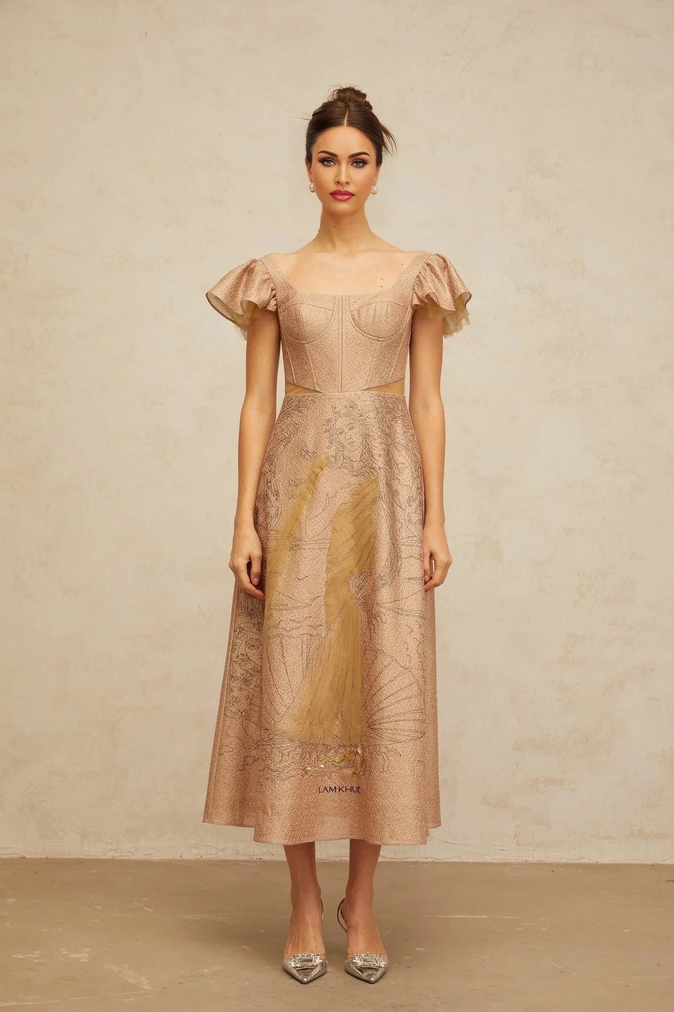 Mattea Midi Dress Khaki Graphic - Print Flared Sequin & Tulle