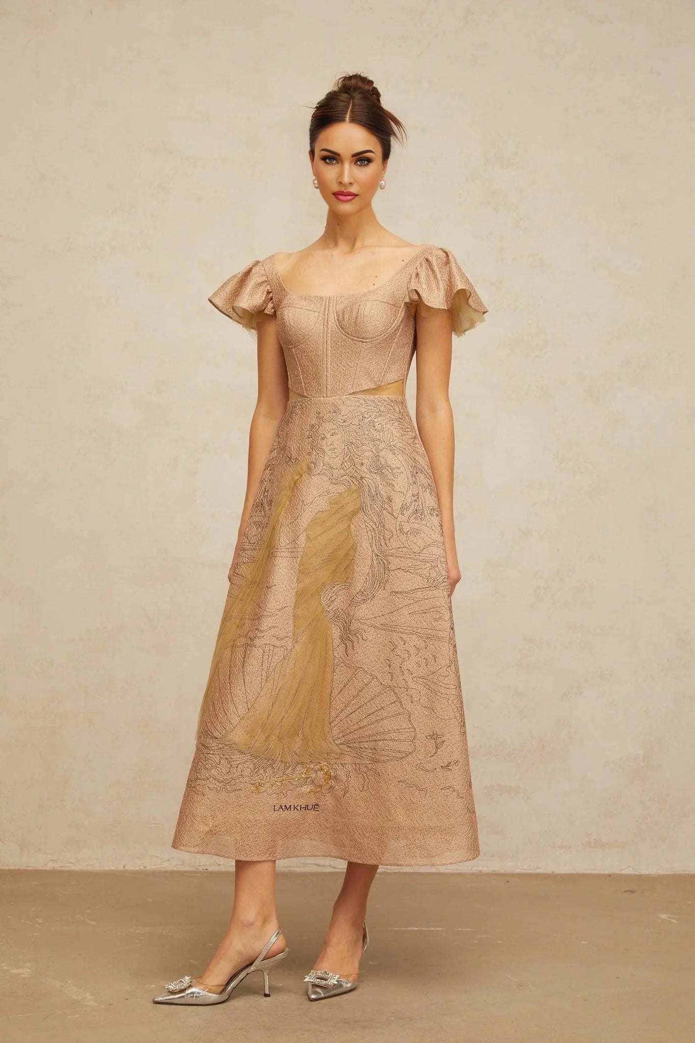 Mattea Midi Dress Khaki Graphic - Print Flared Sequin & Tulle