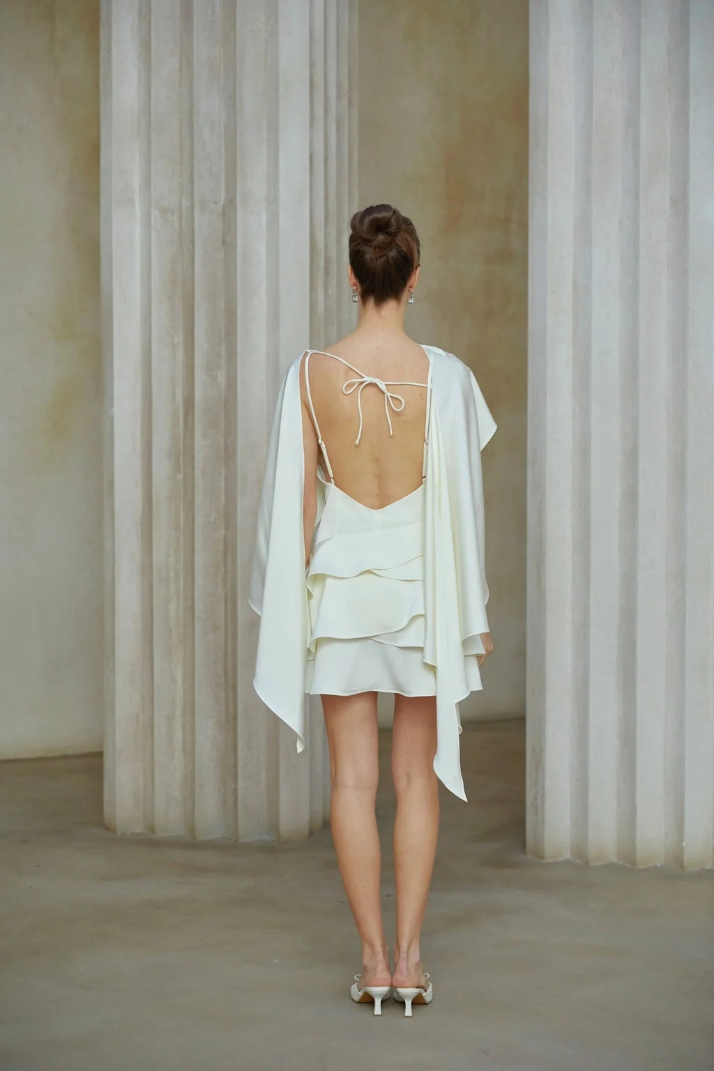 Mattea Mini Dress White Satin Ruffled Shawl Panel Open Back & Thigh - Length