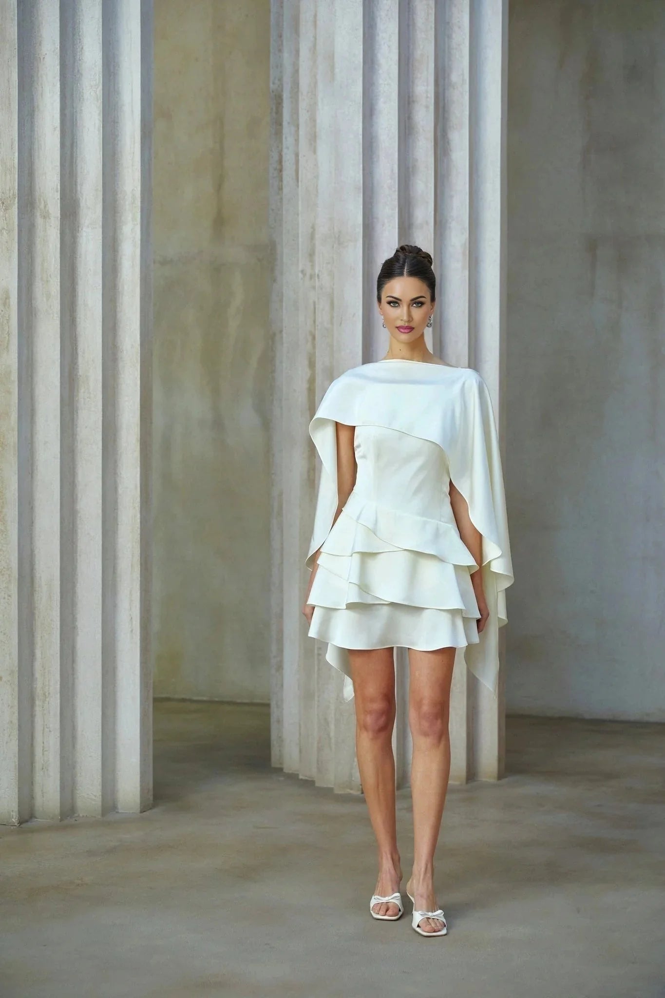 Mattea Mini Dress White Satin Ruffled Shawl Panel Open Back & Thigh - Length