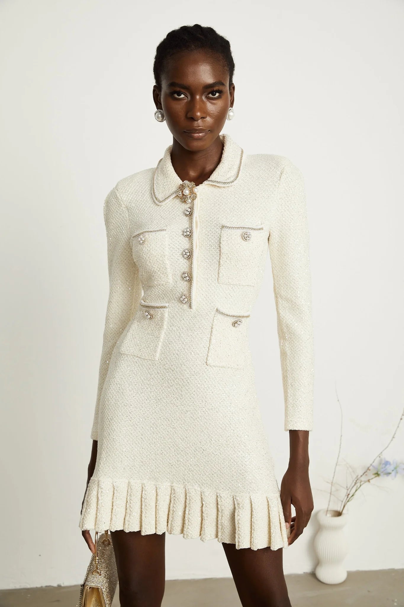 Mattea Mini Dress White Tweed Sequin Sparkle Pleated & Chic
