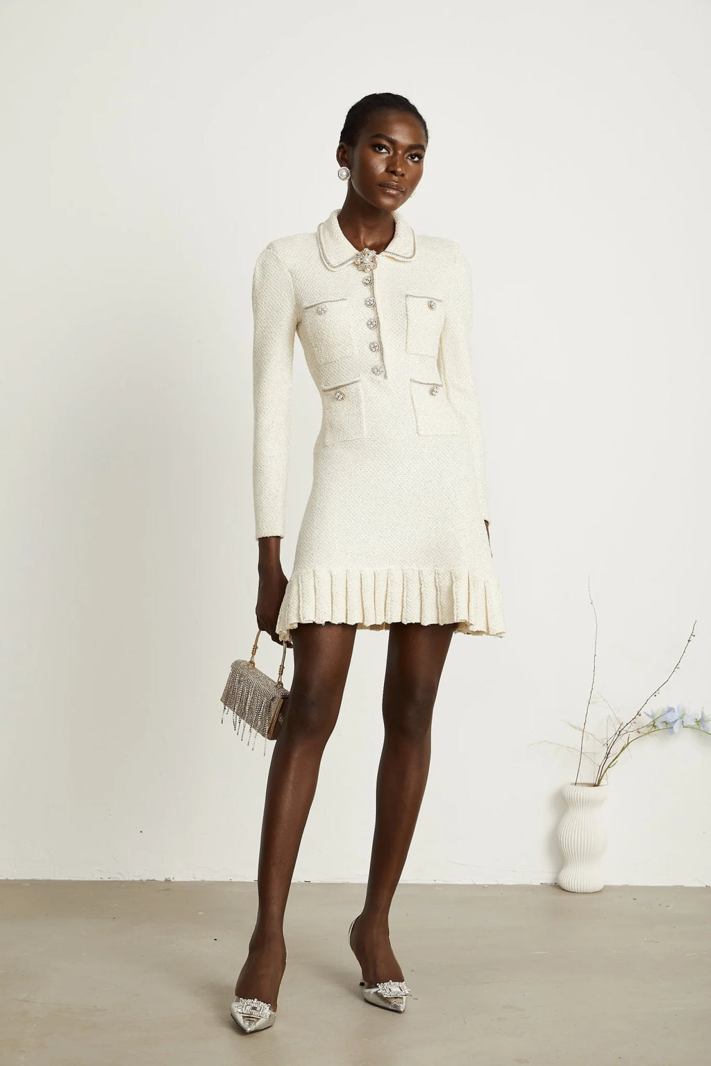 Mattea Mini Dress White Tweed Sequin Sparkle Pleated & Chic
