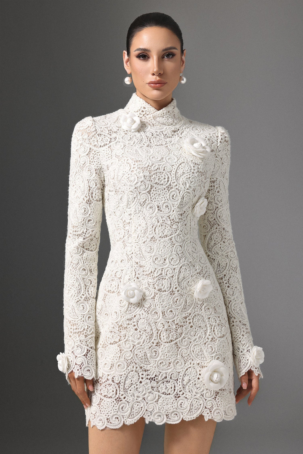 Mattea White Lace Floral Embellished High Neck Bodycon Dress with Long Sleeves and Scalloped Hemline