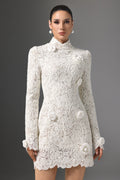 Mattea White Lace Floral Embellished High Neck Bodycon Dress with Long Sleeves and Scalloped Hemline