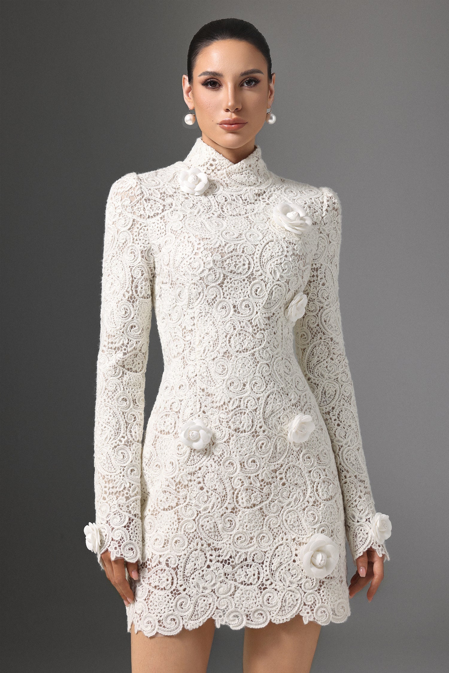Mattea White Lace Floral Embellished High Neck Bodycon Dress with Long Sleeves and Scalloped Hemline