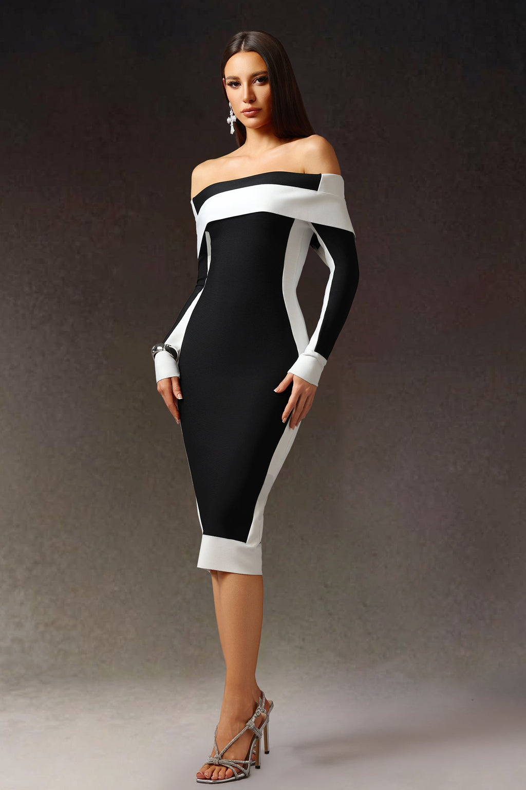 Black Off-The-Shoulder Long Sleeves Stripes Bandage Midi Dress