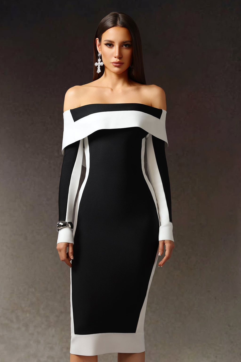 Black Off-The-Shoulder Long Sleeves Stripes Bandage Midi Dress