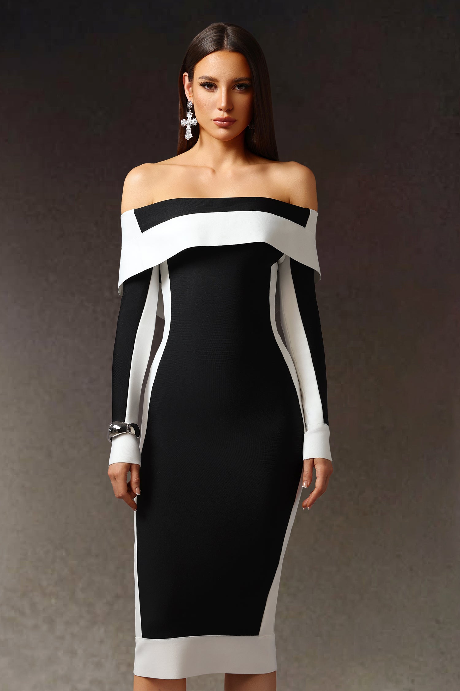 Black Off-The-Shoulder Long Sleeves Stripes Bandage Midi Dress