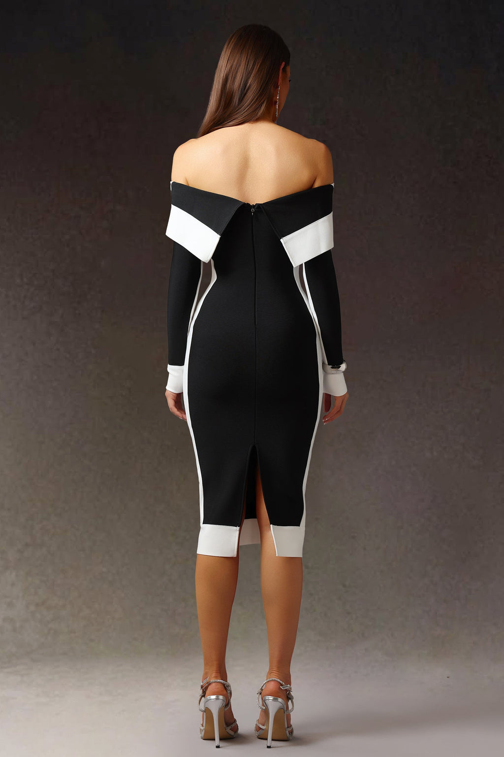 Black Off-The-Shoulder Long Sleeves Stripes Bandage Midi Dress
